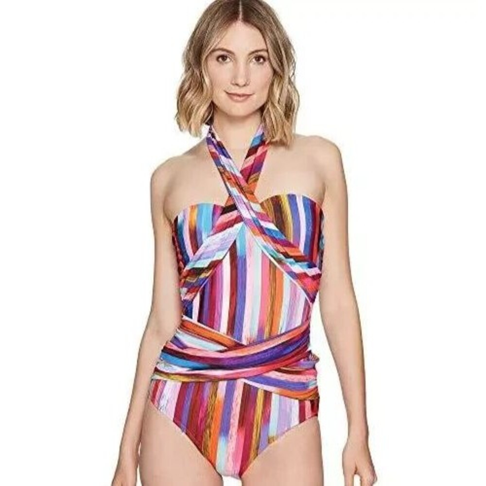 Athena Women's Kaleidostripe Ashlyn Crossover Swimsuit sz XS Stripes